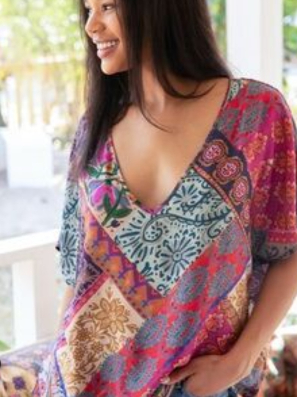 NATURAL LIFE V-Neck Patchwork Tunic in Pink, Blue, Gold